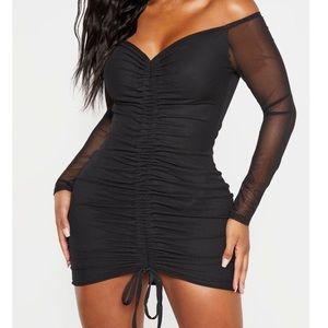 Shape Black Mesh Ruched Bardot Bodycon Dress
